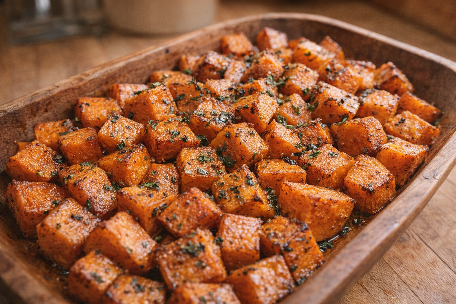 An overhead shot of perfectly roasted yams, cubed and glistening with olive oil, herbs sprinkled on top, rustic wooden serving dish, warm natural light